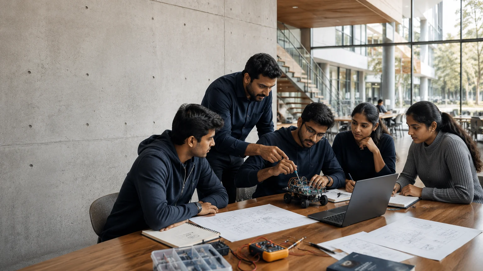 University learners developing an applied prototype with expert guidance in a contemporary academic workspace.