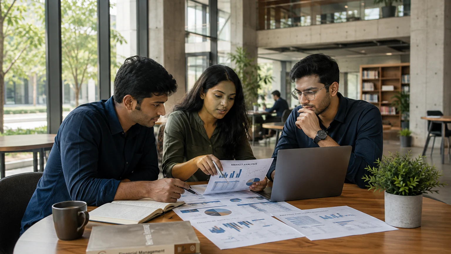 Postgraduate learners examining business data and printed analysis in a contemporary academic workspace.