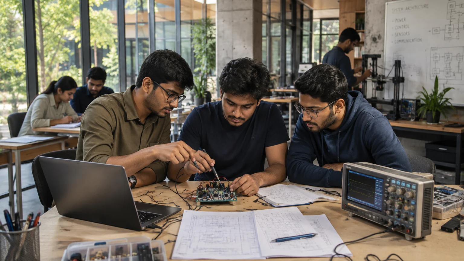 Engineering learners testing an embedded electronics board with laboratory instrumentation.