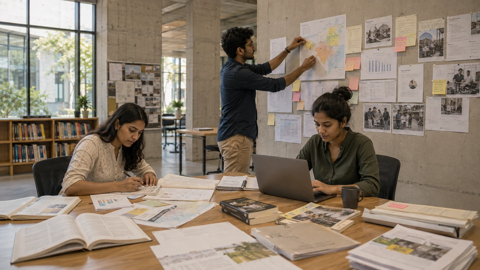 University learners investigating research evidence, field notes and data in a contemporary academic research studio.