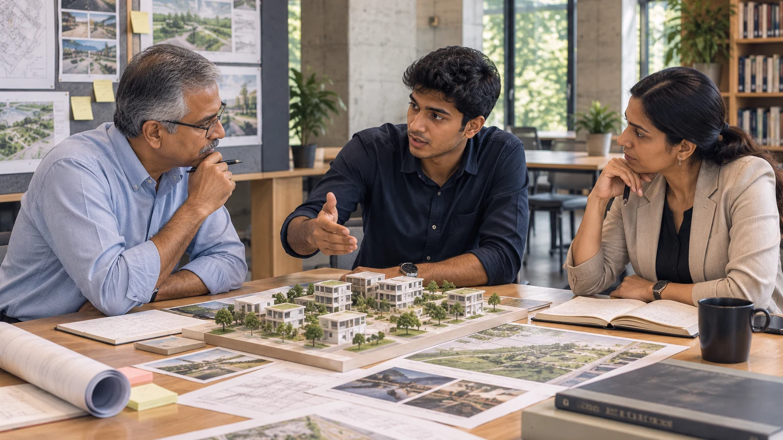 A learner explaining an interdisciplinary project model while academic and practitioner reviewers question and mentor.
