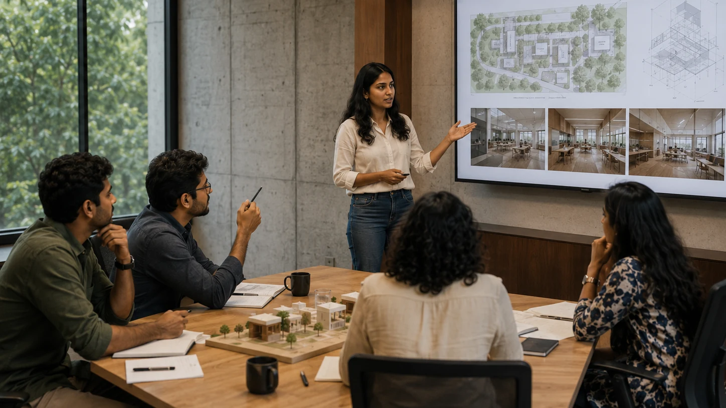 A university learner presenting and defending a project proposal to a small reviewing group.