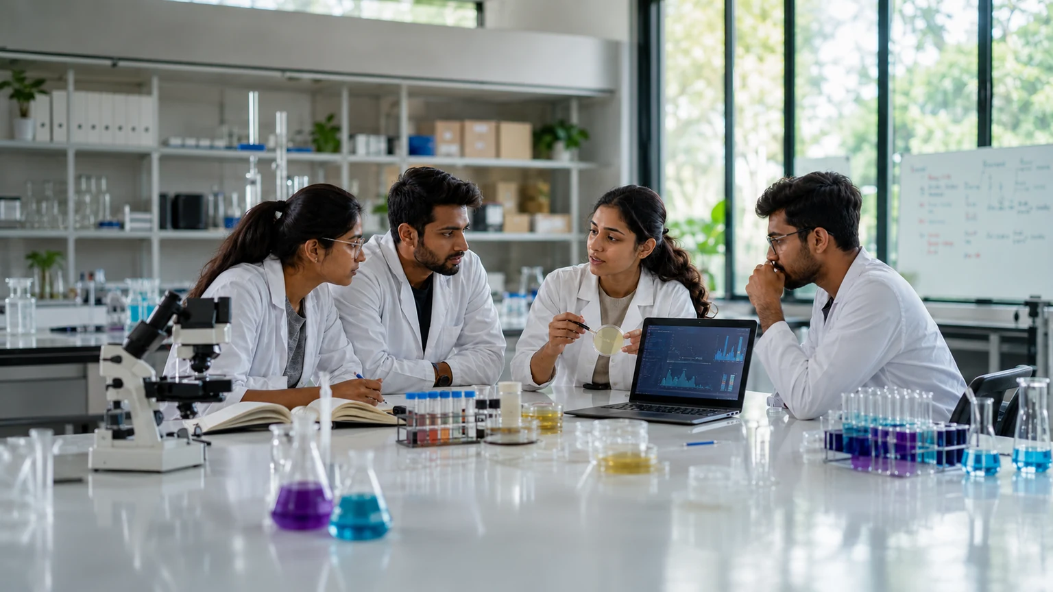 Life-sciences students reviewing laboratory evidence and digital analysis together in a contemporary academic environment.